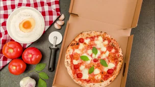 Grandes Imagens Para Temas Culinários Pizza Dentro Caixa Fundo Granito — Vídeo de Stock