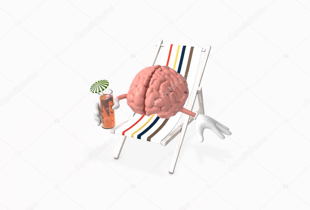 Human Brain resting on a beach chair drinking cocktail. The concept of relaxing the mind. Brain repair and restoration during sleep.