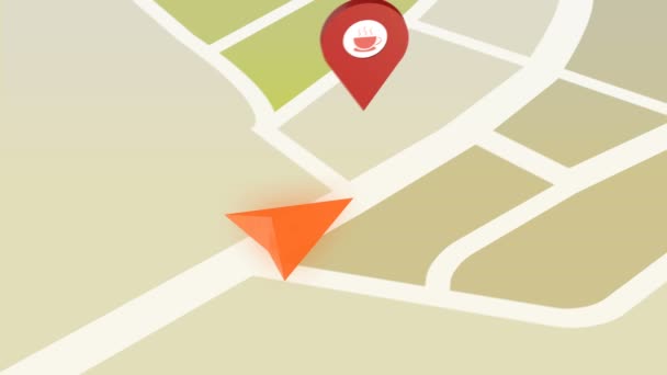 Navigation GPS Flèche se déplaçant le long de la route. Passage café, hôtel, station-service pointeurs de carte. Concept de navigation automobile intelligente du pilote automatique. (Boucle sans couture )