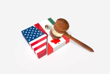Plaka ile ABD, Meksika ve Kanada bayrakları Tokmak (hakimin çekiç) ile çöktü. NAFTA ticaret sözleşmesi fesih kavramı.