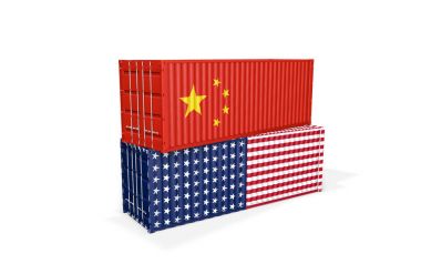 İki nakliye konteyner birbiri üstüne yığılmış. Çin ve Amerika Birleşik Devletleri kavramı arasındaki ticaret savaş. 