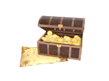 Hazine sandığı altın bitcoins ve bir harita tam. 