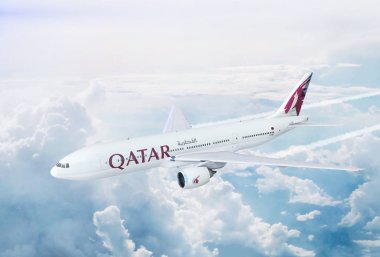 Hava uçuş görünümünü Qatar Airways Boeing 777 dünyanın en uzun ticari uçuş yolculuk Doha Auckland, Yeni Zelanda. 3D çizim.