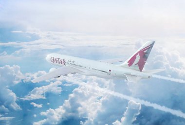 Hava uçuş görünümünü Qatar Airways Boeing 777 dünyanın en uzun ticari uçuş yolculuk Doha Auckland, Yeni Zelanda. 