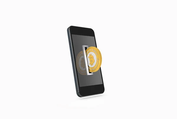 Golden Bitcoin Inserta Aceptador Monedas Teléfono Inteligente Concepto Pagos Digitales — Foto de Stock