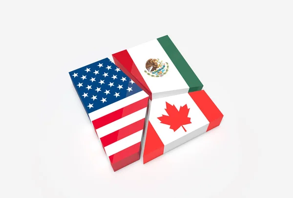 Üç adet Amerikan., Meksika ve Kanada bayrakları ile bölünür ve plaka. NAFTA ticaret sözleşmesi üye kavramı.