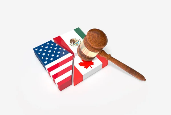 Plaka ile ABD, Meksika ve Kanada bayrakları Tokmak (hakimin çekiç) ile çöktü. NAFTA ticaret sözleşmesi fesih kavramı.