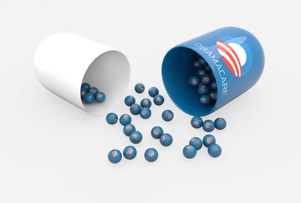 Obama bakım logo ve Gop sembolik ile küresel tablet ile tıbbi hapı kapsülü açıldı.