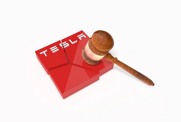 Placa Colapsada Con Palabra Tesla Martillo Juez Gavel Tesla Motors — Foto de Stock