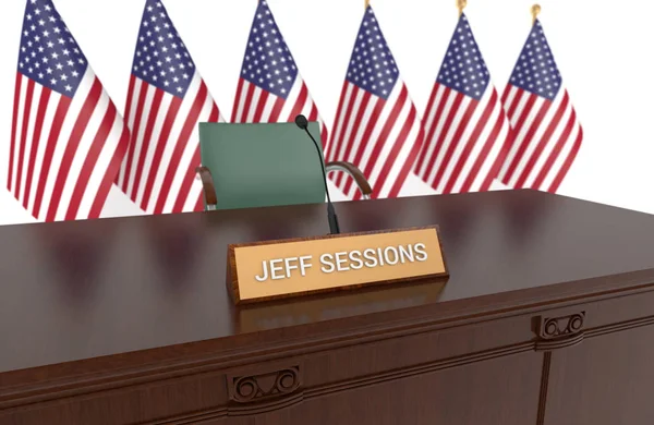 Mesa Madeira Com Placa Mesa Jeff Sessions Bandeiras Americanas — Fotografia de Stock