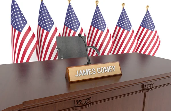 Mesa Madera Con Placa Escritorio James Comey Banderas Americanas Fondo — Foto de Stock