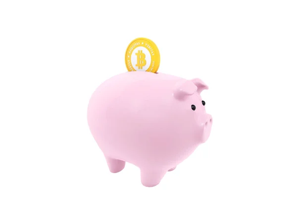 Kumbara takılı olan altın Bitcoin. Dijital cryptocurrency tasarruf kavramı.