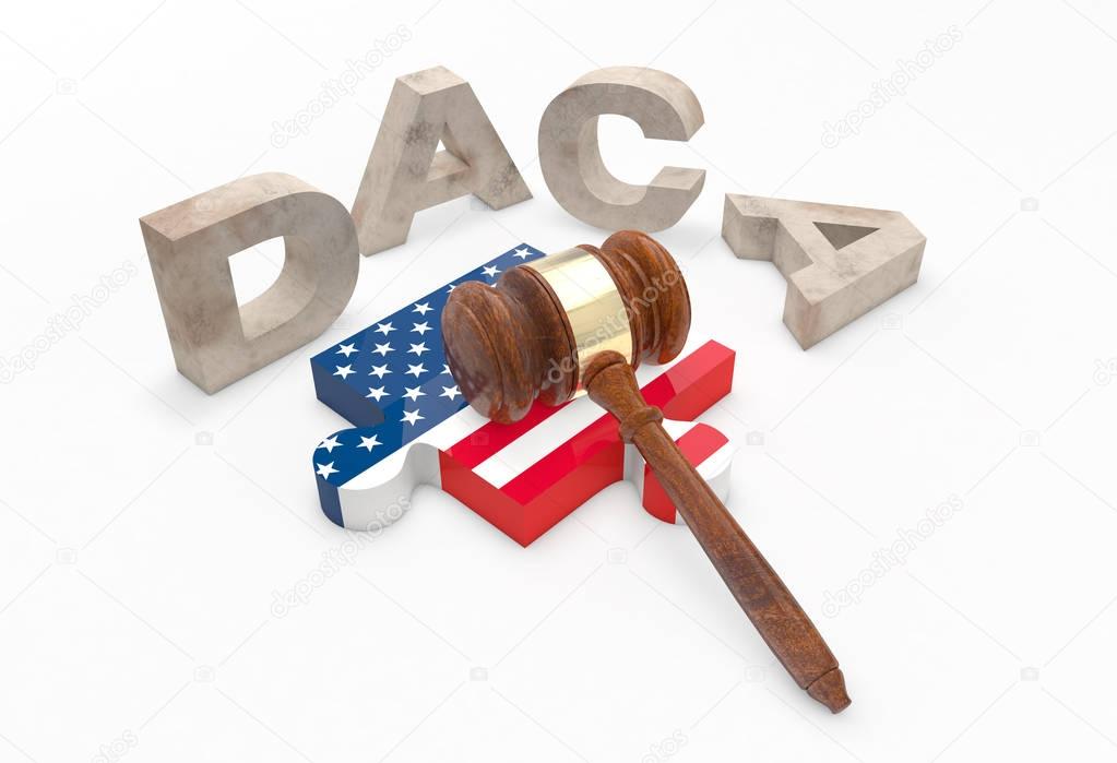 Letters D, A, C and A (DACA) surround puzzle with american flag pattern and a gavel. 