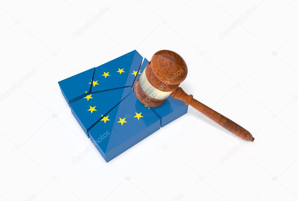 Broken Plate With Flag of the European Union Stars and a Gavel (Judge's Hammer).