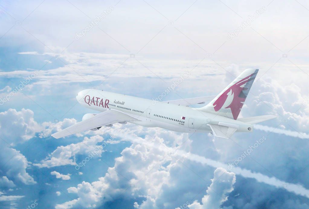 Aerial in-flight view of Qatar Airways Boeing 777 on the world's longest commercial flight journey from Doha to Auckland, New Zealand.