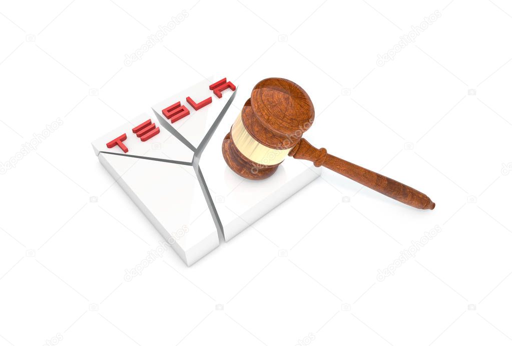 Collapsed plate with word Tesla and a judge's hammer (Gavel). Tesla Motors is American electric-automobile manufacturer.