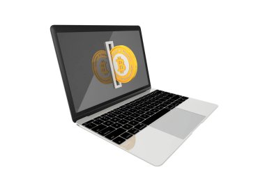 Altın Bitcoin içine bozuk para alıcısı bir dizüstü bilgisayarda takılı olan. Bilgisayar virüsü bitcoin kavramı fidye ödeme talep.