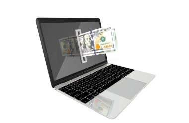 Bir yüz ABD Doları Döviz Alım okuyucu bir dizüstü bilgisayarda takılı olan faturaları. Online ödeme kavramı.