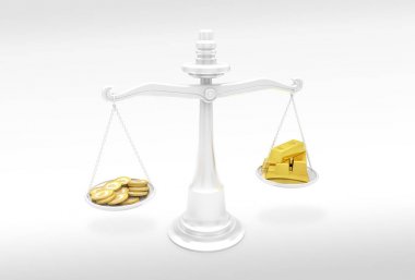 Bitcoins bir tarafta ve ince altın külçelerini başka bir denge ölçekler. Cryptocurrency Döviz Kuru kavramı.