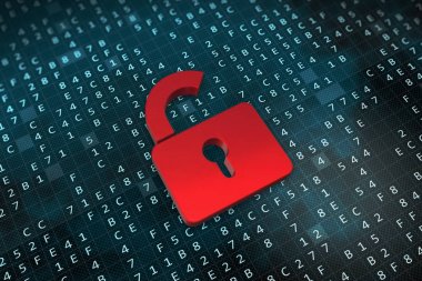 3D çizim, A kırmızı kırık kilit ile Hex matris içinde geçmiş. Dijital Cyber Ransomware güvenlik kavramı.