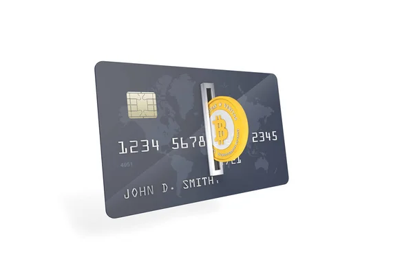 Altın sikke alıcısı bir kredi kartı içine takılı olan Bitcoin. Bitcoin yüklemek için banka hesap kavramı.