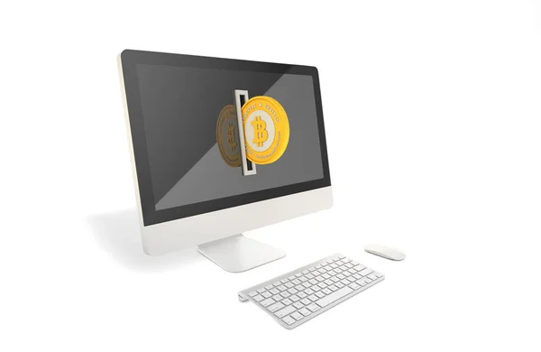  Altın Bitcoin içine bozuk para alıcısı bir bilgisayarda takılı olan. Ransomware malware virüs kavramı.