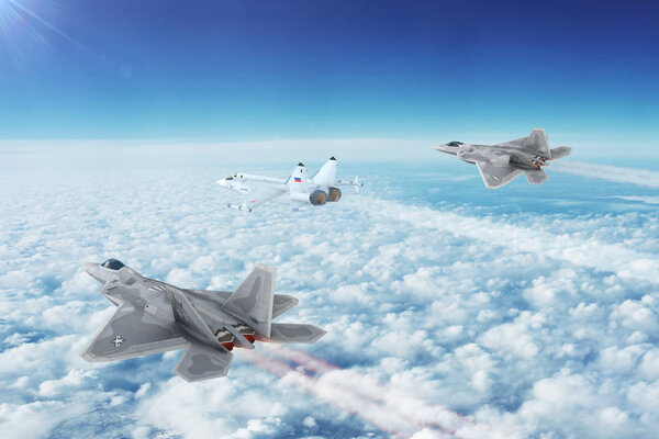 Aerial view of Two U.S. Air Force Lockheed/Boeing F-22 Raptor planes Intercept Russia's MiG-29 Jet Fighter. 3D Illustration.