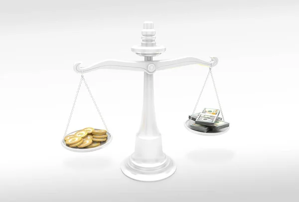 Bir tarafında ve ABD dolarları (bir yüz dolarlık banknot) bitcoins başka bir ile denge ölçekler. Cryptocurrency Döviz Kuru kavramı.