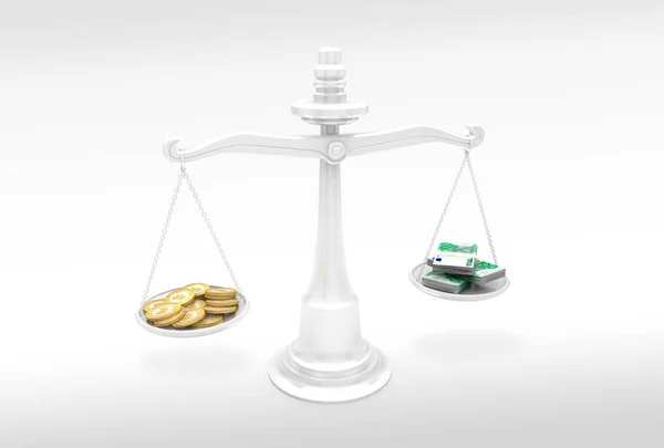 Bir tarafında ve Euro banknot (bir yüz Euro faturaları) bitcoins başka bir ile denge ölçekler. Cryptocurrency Döviz Kuru kavramı.