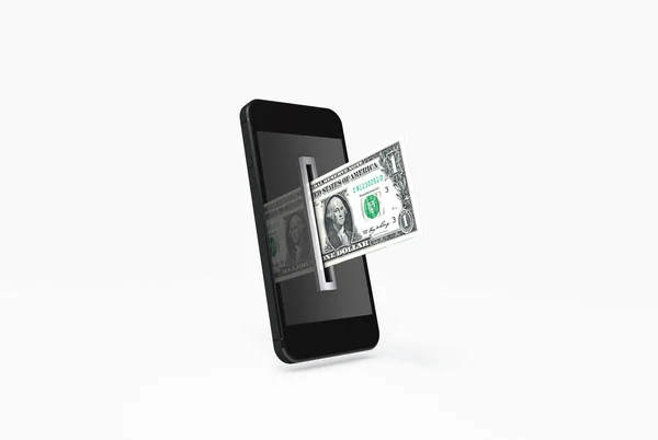 Bir dolarlık banknot bir smartphone cep telefonu ile Döviz Alım okuyucusuna takılı olan. Mobil para ödeme kavramı.