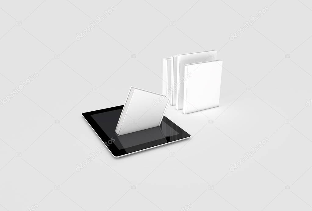 Classic paper book flying into a tablet PC (ebook reader). Digital Device E-book concept.