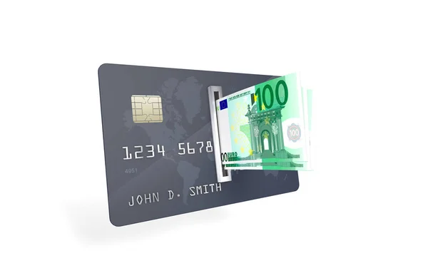 Bir yüz Euro banknot kredi kartına para birimi okuyucusuna takılı olan. Banka hesabı bakiyesi Upload ve para çekme kavramı.