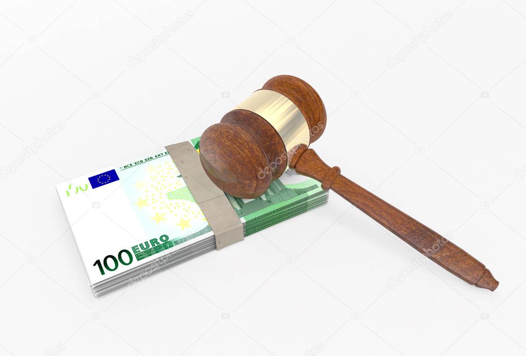 One Hundred Euro Bills (Banknotes) Stack and a Gavel (Judge's Hammer)