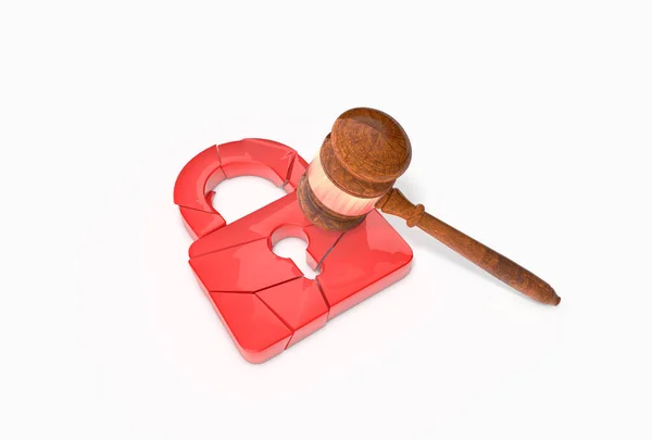 Red Broken Cadeado Com Judge Gavel Conceito Violação Segurança Proteção — Fotografia de Stock