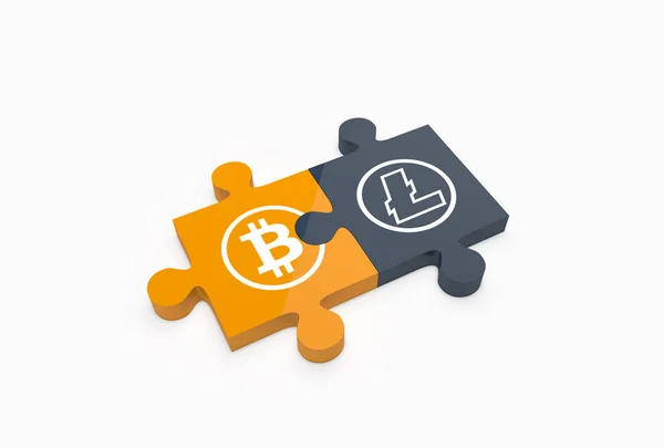 Dua Potongan Puzzle Jigsaw Terhubung Dengan Logo Bitcoin Dan Litecoin — Stok Foto