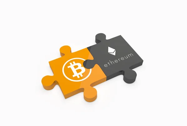 Deux Pièces Puzzle Liées Aux Logos Bitcoin Ethereum Offre Initiale — Photo