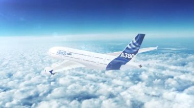 Yukarıda gökyüzü yüksekten uçuyor airbus A380 yolcu uçağı. A380 Avrupa uçak şirketi Airbus tarafından üretilen bir çift güverteli, geniş gövdeli, dört motorlu jet uçağıdır. 