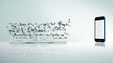 Metin bir kitap sayfasından bir telefona akar. Dijital Smartphone E-kitap kavramı.