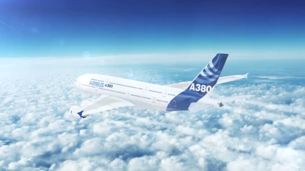 Airbus A380 Passagerarflygplan Flyger Högt Ovan Skyarna A380 Tvåvåningsbuss Wide — Stockvideo