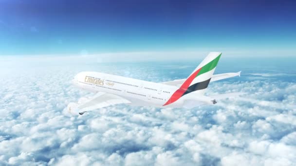 Arabemiraten Uae Airbus A380 Passagerarflygplan Flyger Högt Ovan Skyarna A380 — Stockvideo