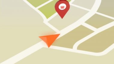 GPS navigasyon yol boyunca hareket ok. Geçen kahvehane, otel, benzin istasyonu harita işaretçiler. Otomatik pilot akıllı araç navigasyon kavramı. (Sorunsuz döngü)