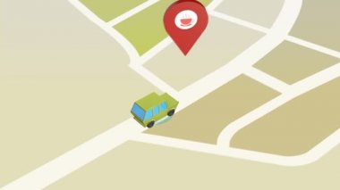 Yol boyunca hareketli araba kendi kendine sürüş. Geçen kahvehane, otel, benzin istasyonu harita işaretçiler. Otomatik pilot akıllı araç navigasyon kavramı. (Sorunsuz döngü)