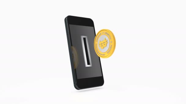 Χρυσή Bitcoin Που Ενσωματώνεται Κερματοδέκτη Ένα Smartphone Φορητές Ψηφιακές Πληρωμές — Αρχείο Βίντεο