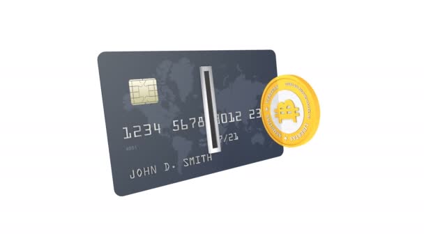 Gyllene Bitcoin Sätts Mynt Acceptor Ett Kreditkort Bankkonto Balans Ladda — Stockvideo