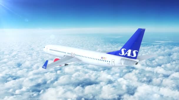 斯堪的纳维亚航空公司 Sas 波音737客机飞越云层上空的飞行视图 — 图库视频影像