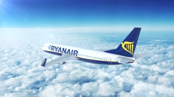 V letu zobrazení rozpočtu letecká společnost Ryanair Boeing 737 obchodní cestující letadla Flying vysoké až v nebi nad mraky.