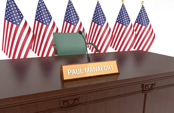 Resepsiyon plak Paul Manafort ile ahşap masa ve Amerikan bayrakları. 