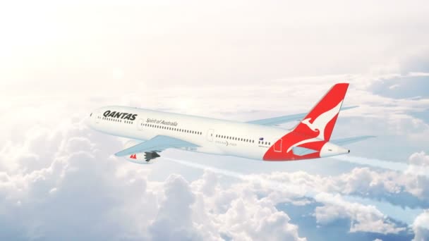 Вид Воздуха Qantas Boeing 787 Dreamliner Летящий Высоко Над Облаками — стоковое видео