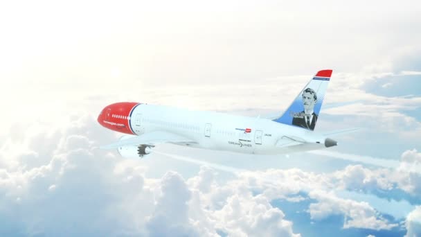 Воздушный Обзор Самолета Авиакомпании Norwegian Airlines Boeing 787 Dreamliner Летящего — стоковое видео