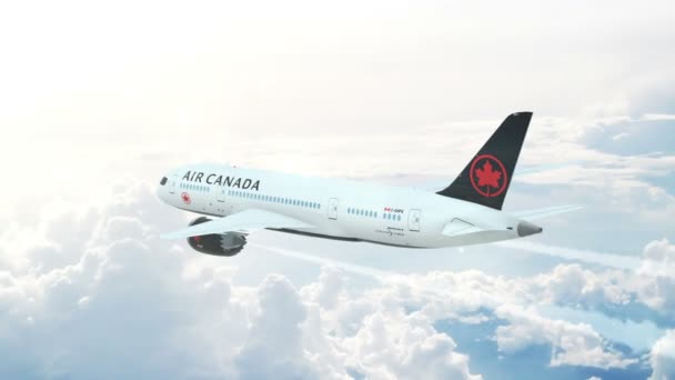 空中飞行鸟瞰加拿大航空波音787梦幻客机高高飘扬在云层之上 — 图库视频影像